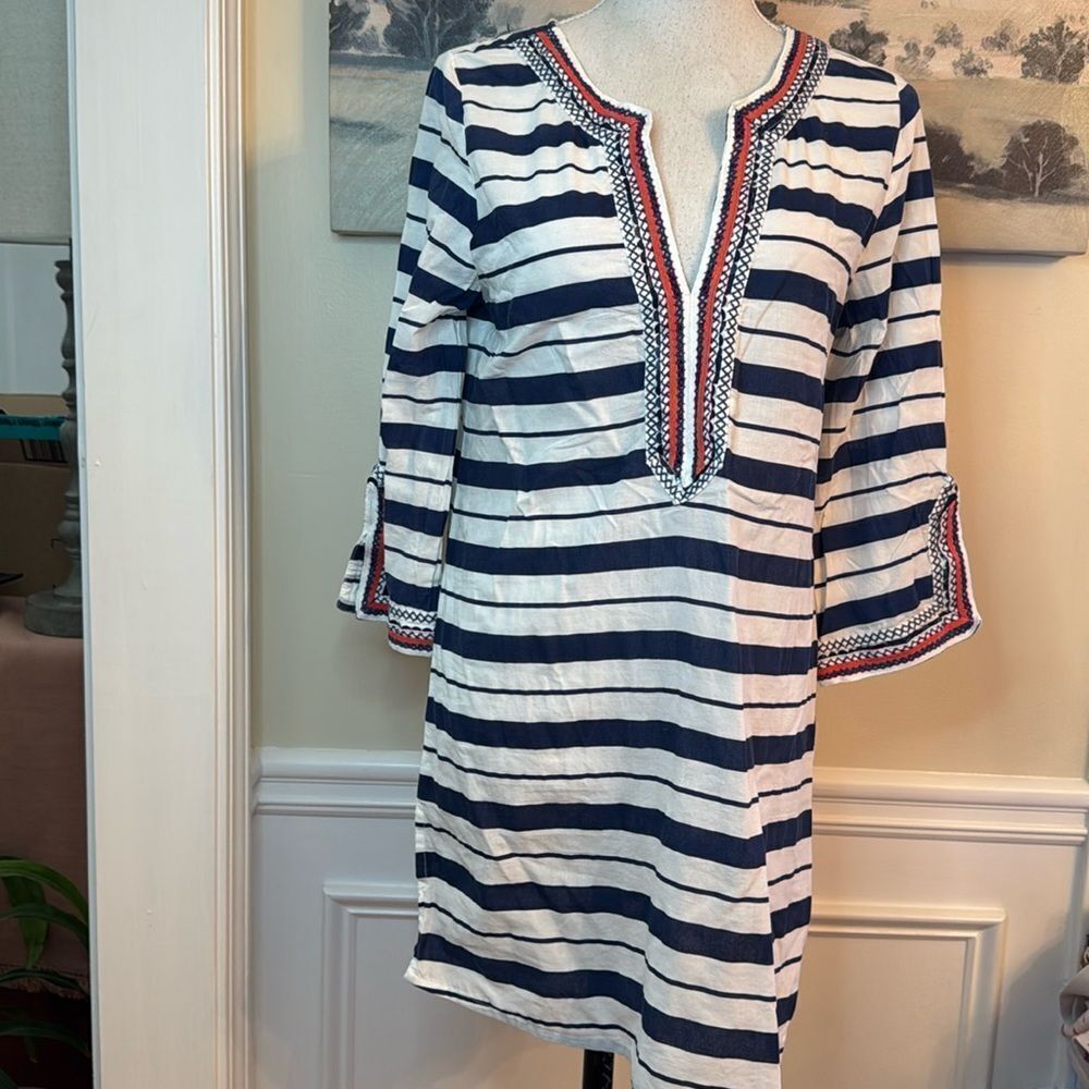 Mud Pie Navy and White Striped Swim Coverup with Red Trim